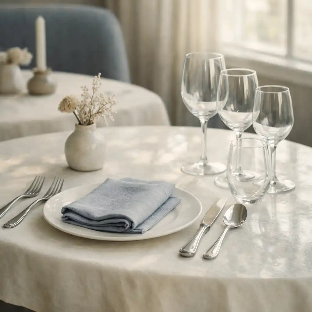 Table de restaurant élégante avec nappe ivoire, couverts en argent et verres à pied, baignée de lumière naturelle