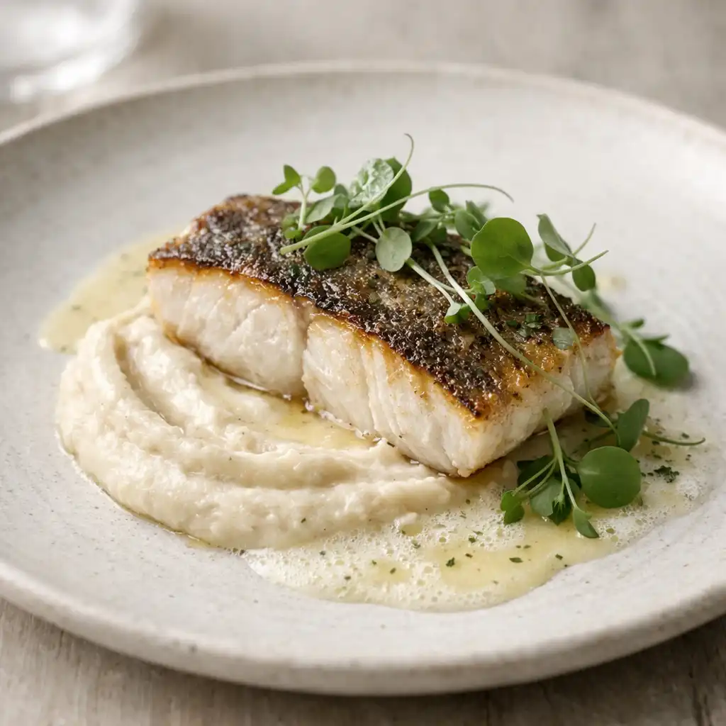Assiette signature avec filet de poisson sur purée de céleri-rave, émulsion au citron et jeunes pousses