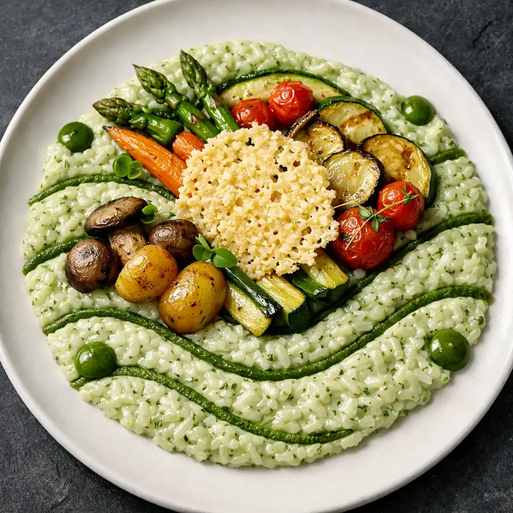 Assiette signature végétarienne avec risotto crémeux, légumes rôtis et tuile de parmesan