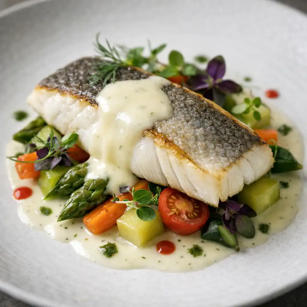 Assiette signature avec filet de poisson, légumes colorés et sauce au beurre blanc, présentation artistique