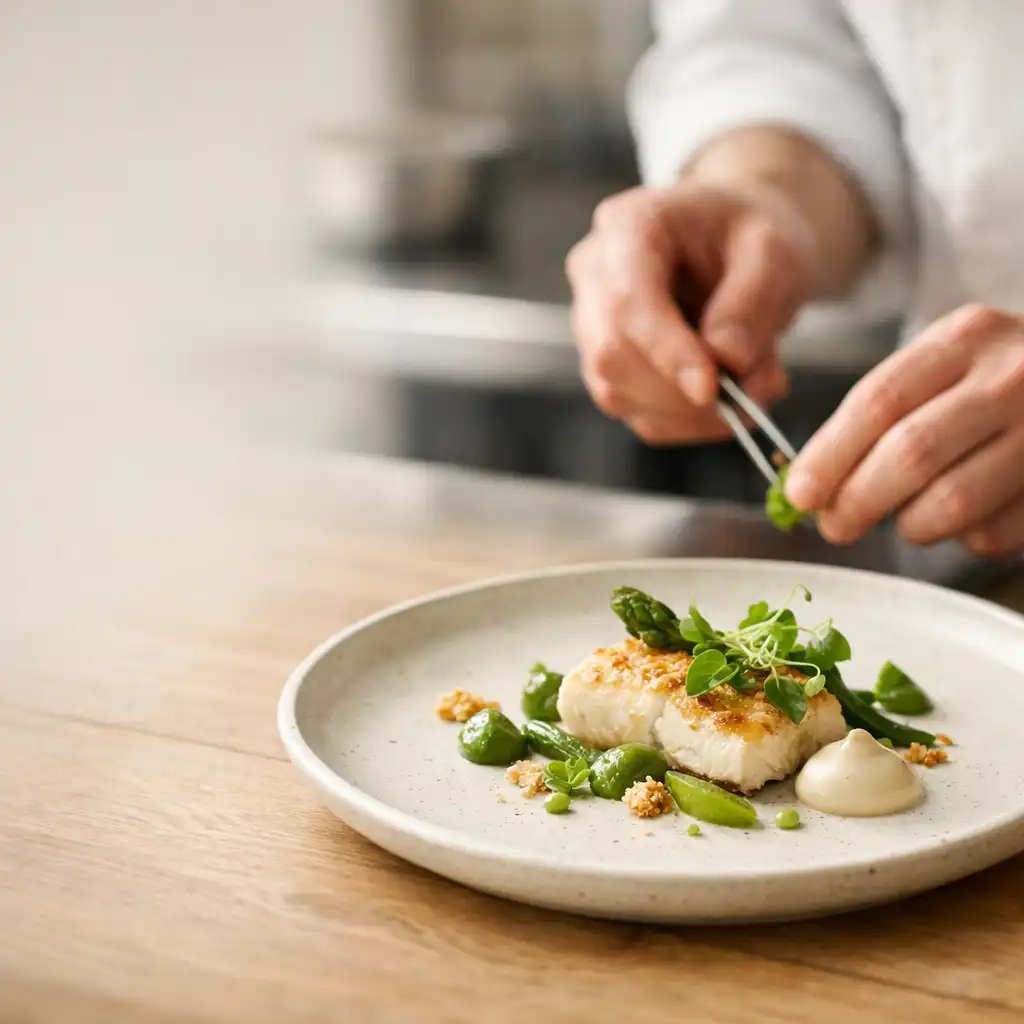Mains d'un cuisinier dressant une assiette dans la cuisine d'Atelier des Rives
