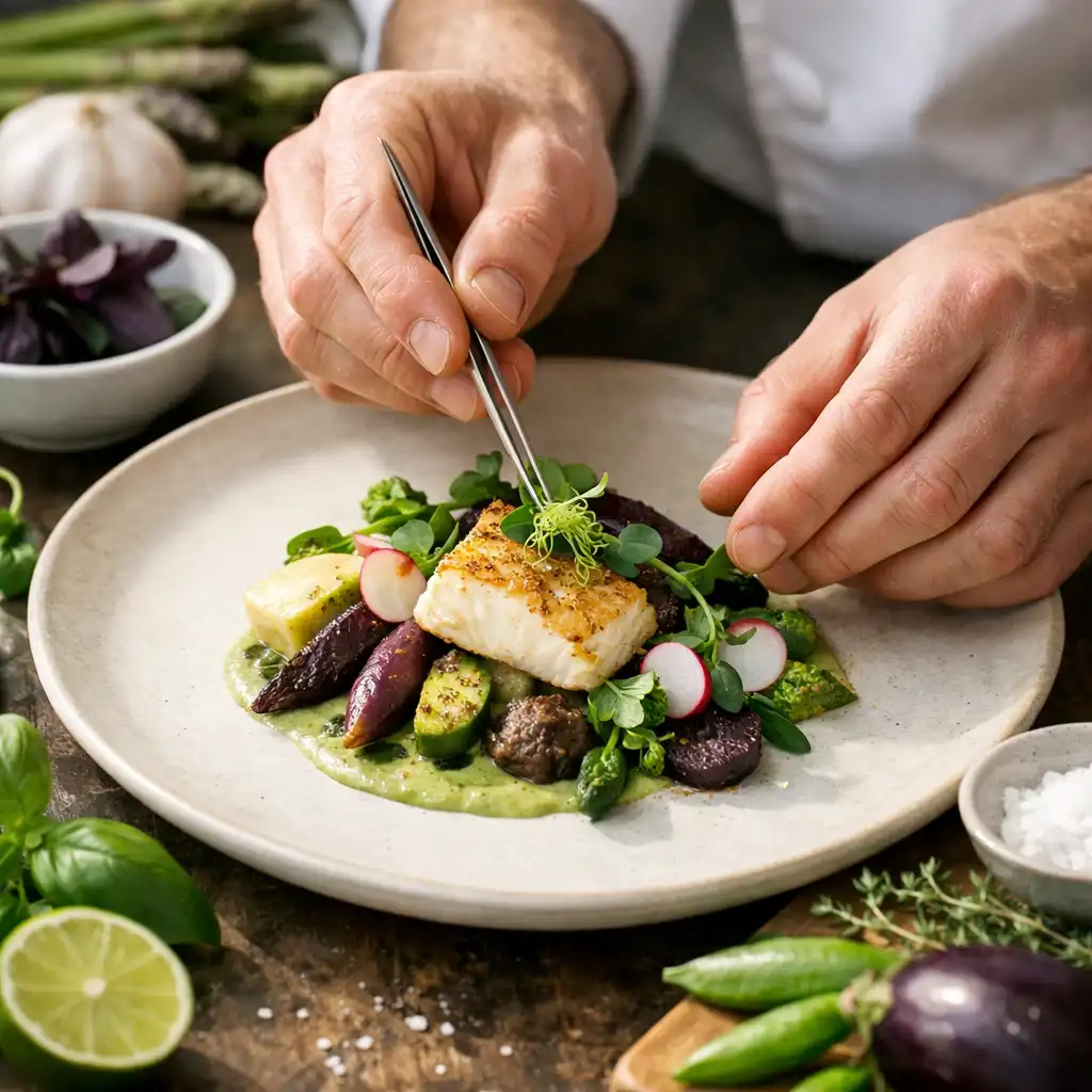 Mains d'un cuisinier dressant une assiette gastronomique avec des ingrédients frais autour