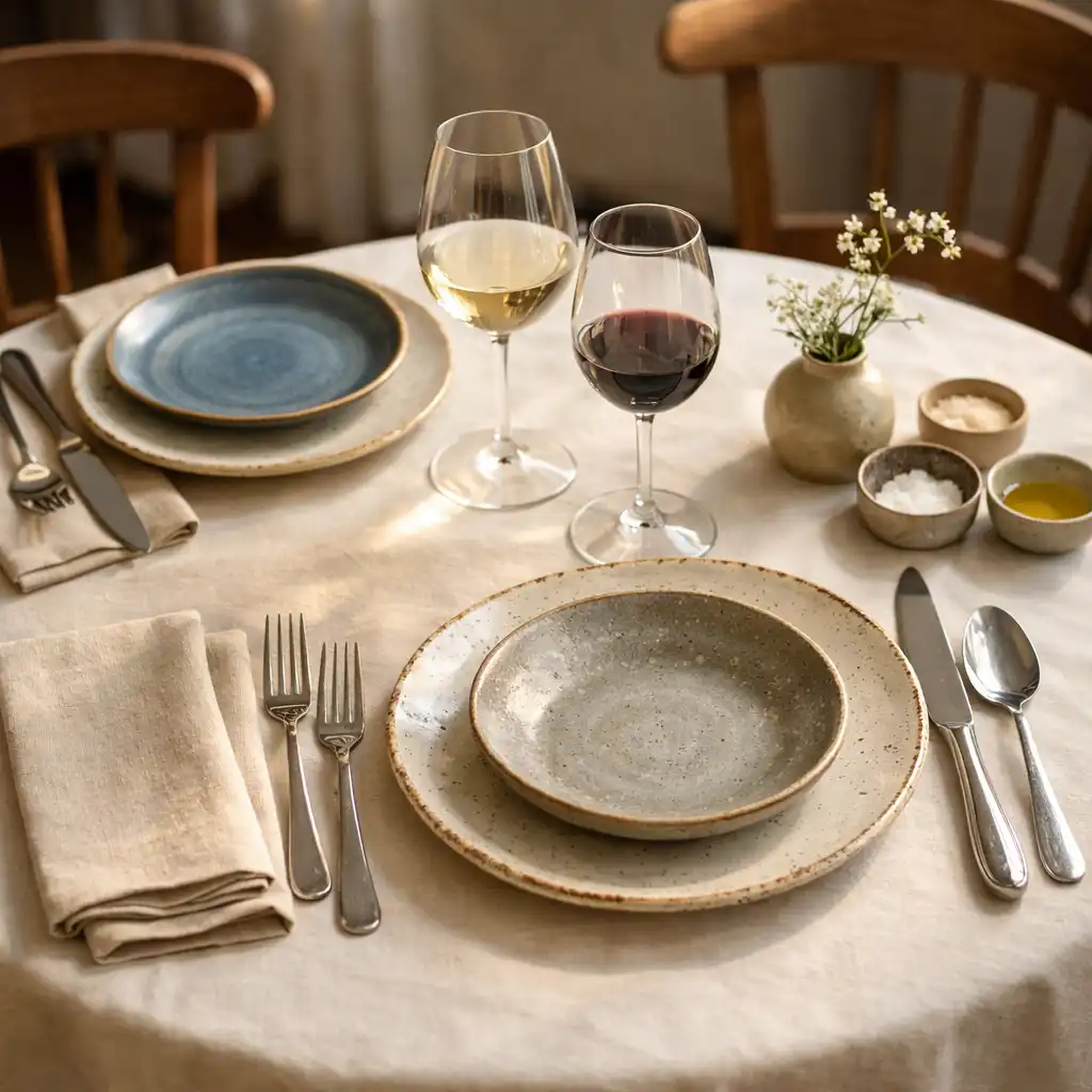 Table de restaurant élégante avec nappe ivoire, assiettes en céramique et verres à vin, éclairée par une lumière naturelle douce
