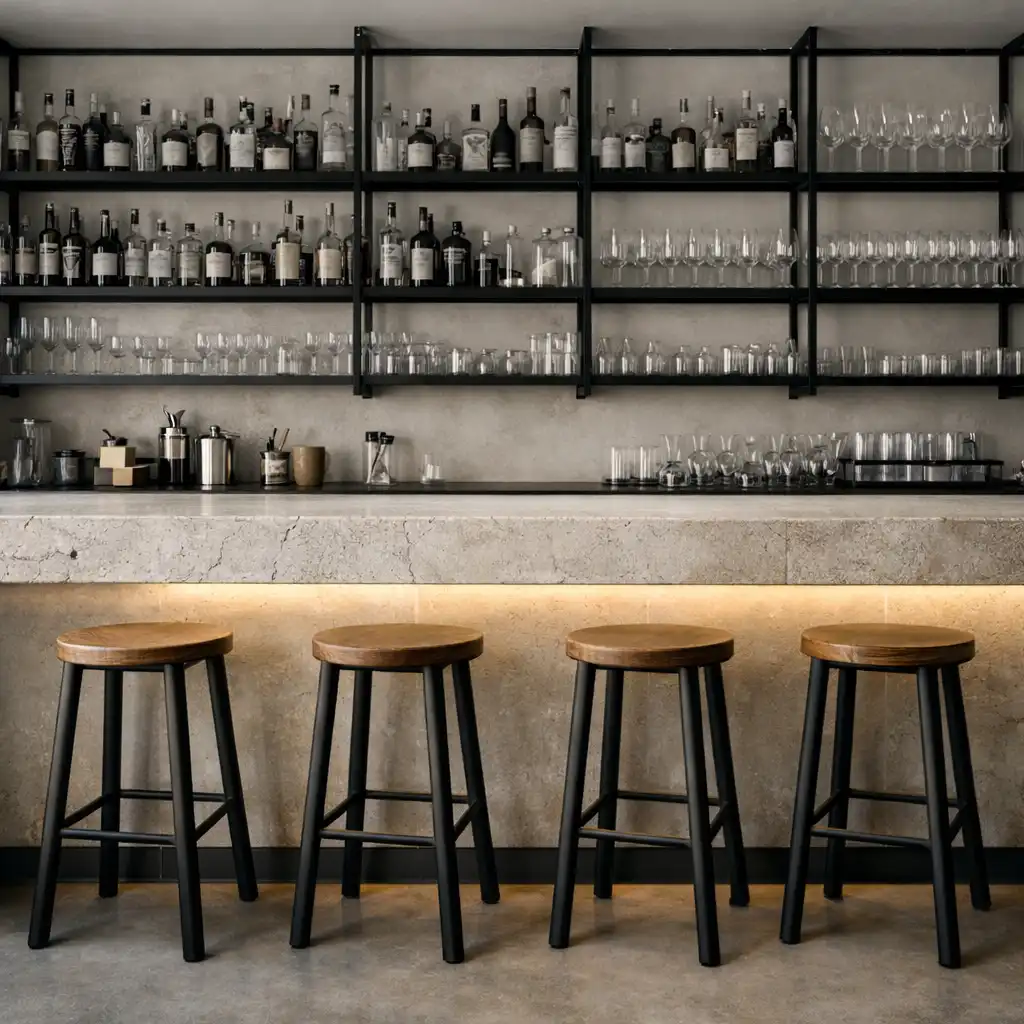 Bar du restaurant avec comptoir en pierre calcaire, tabourets hauts et étagères en métal noir, éclairage indirect chaleureux