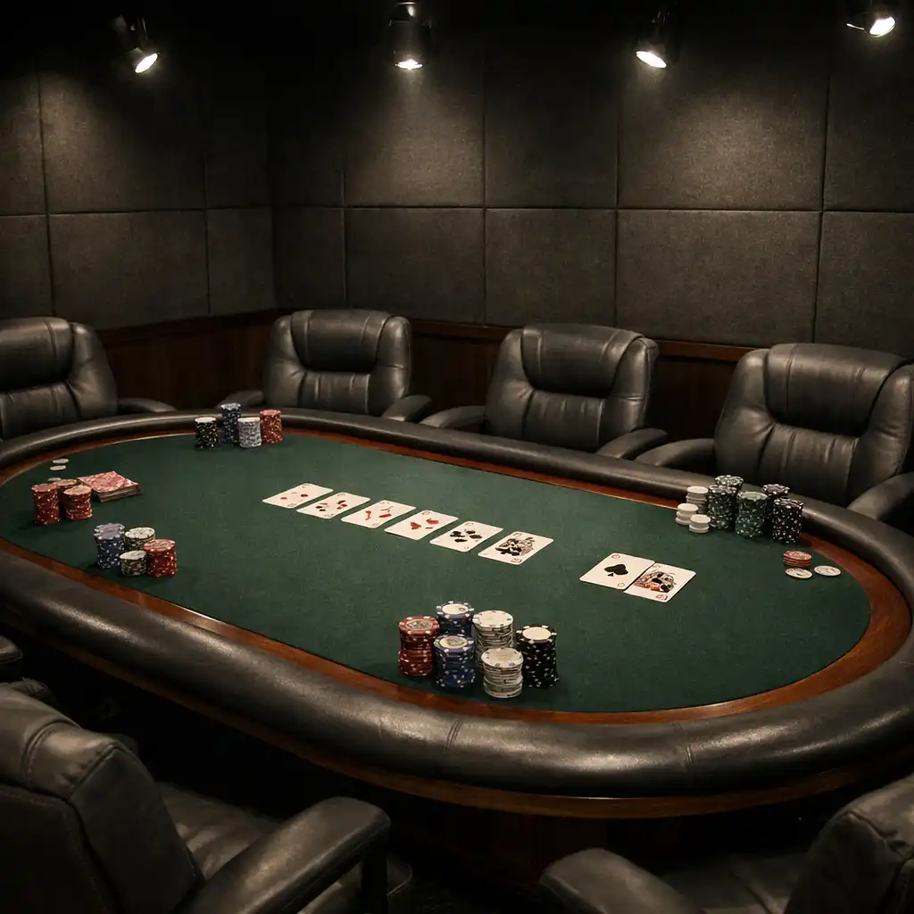 Salle de poker physique avec table ovale en feutre vert, cartes et jetons, fauteuils ergonomiques et éclairage tamisé