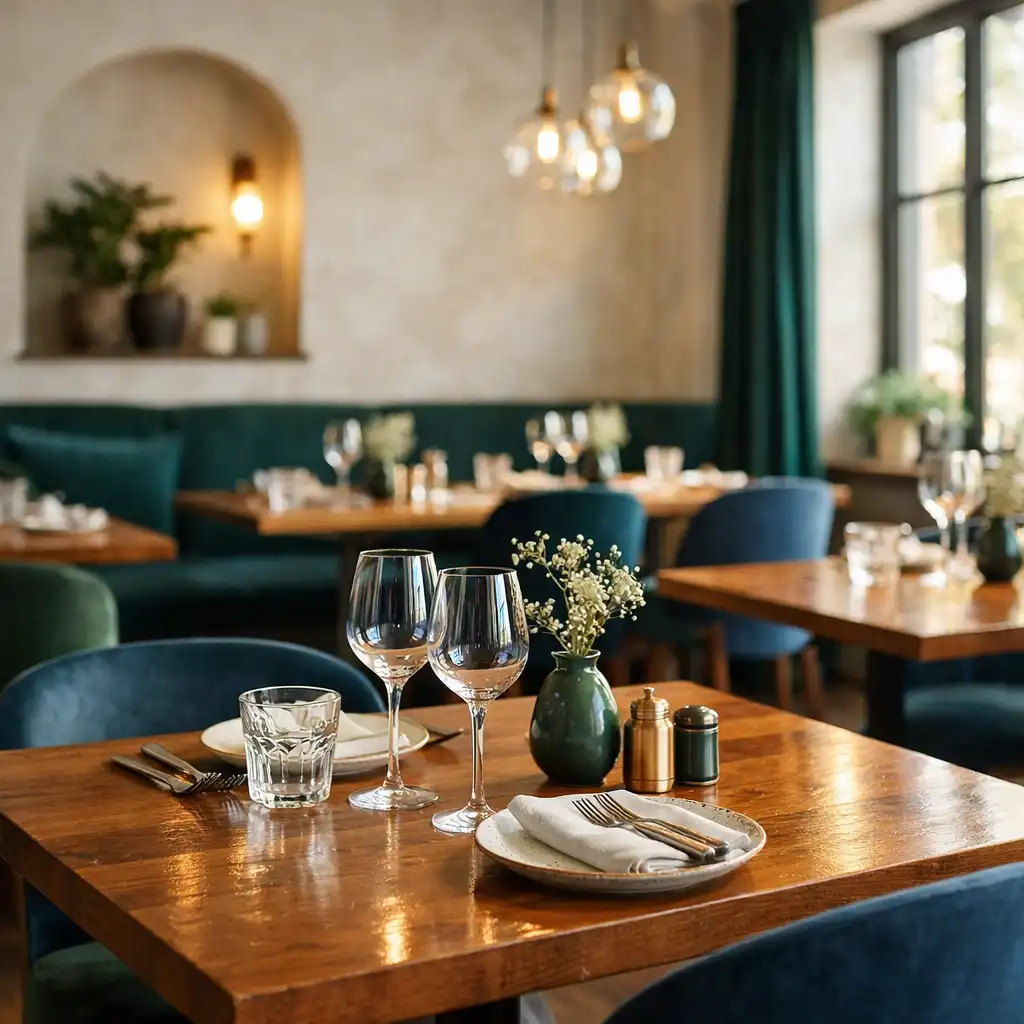 Intérieur du restaurant Atelier des Rives FR avec tables en bois massif, murs ivoire et lumière naturelle