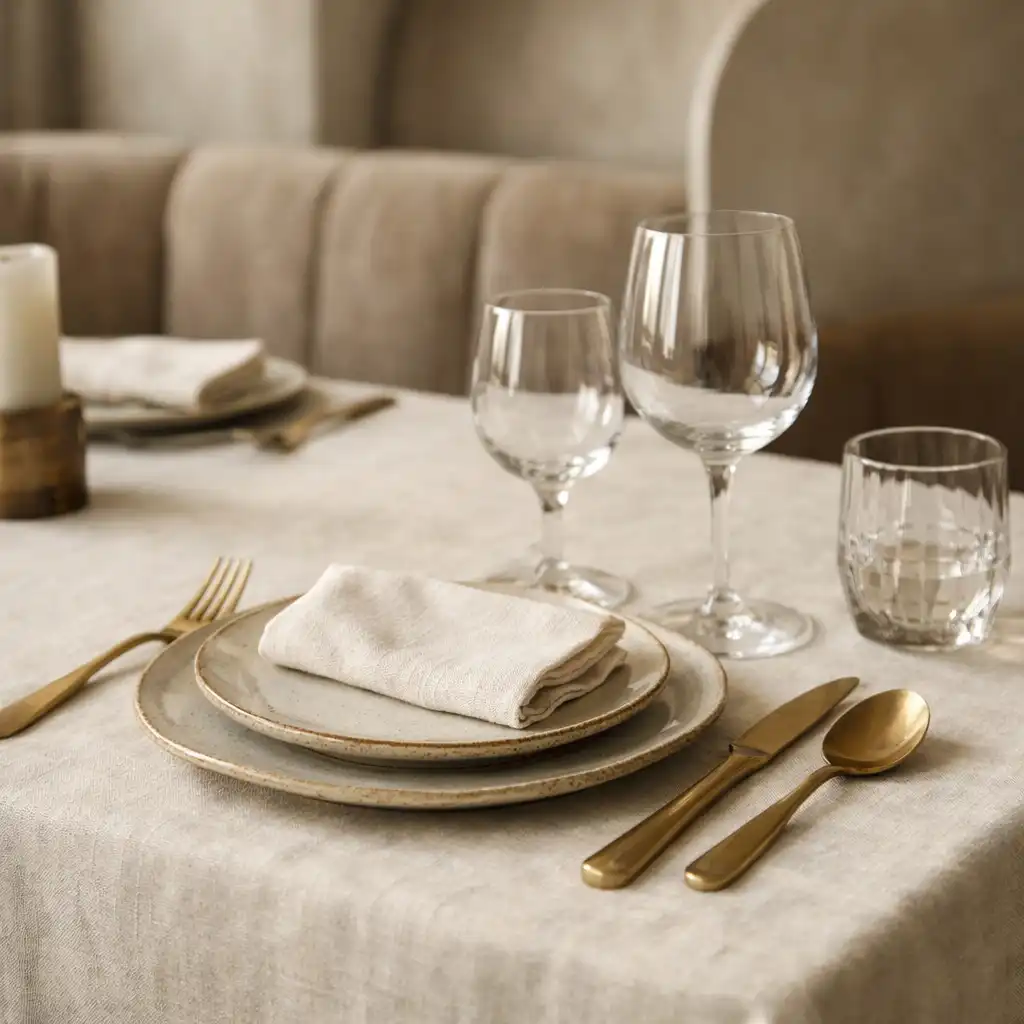 Détail d'une table dressée dans la salle principale, avec nappe en lin ivoire, assiettes en céramique et couverts en laiton