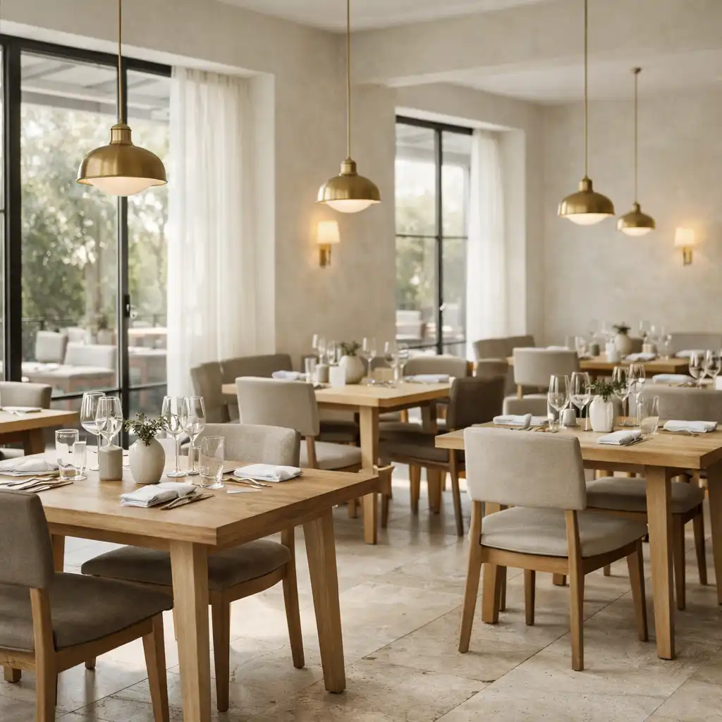 Vue de la salle principale du restaurant Atelier des Rives, baignée de lumière naturelle, avec tables en bois clair et suspensions en laiton