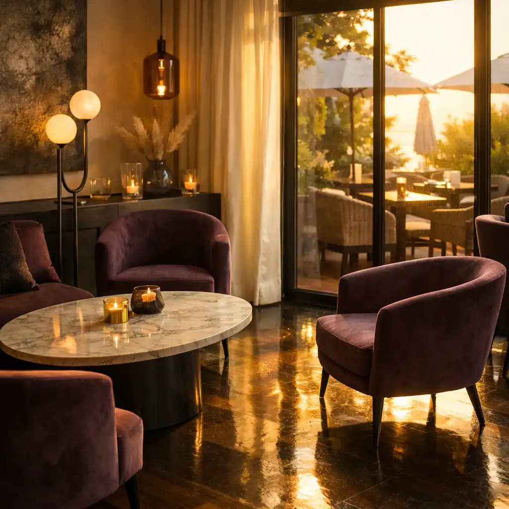 Coin salon du restaurant avec fauteuils en velours aubergine, table basse en marbre et grande fenêtre donnant sur une terrasse