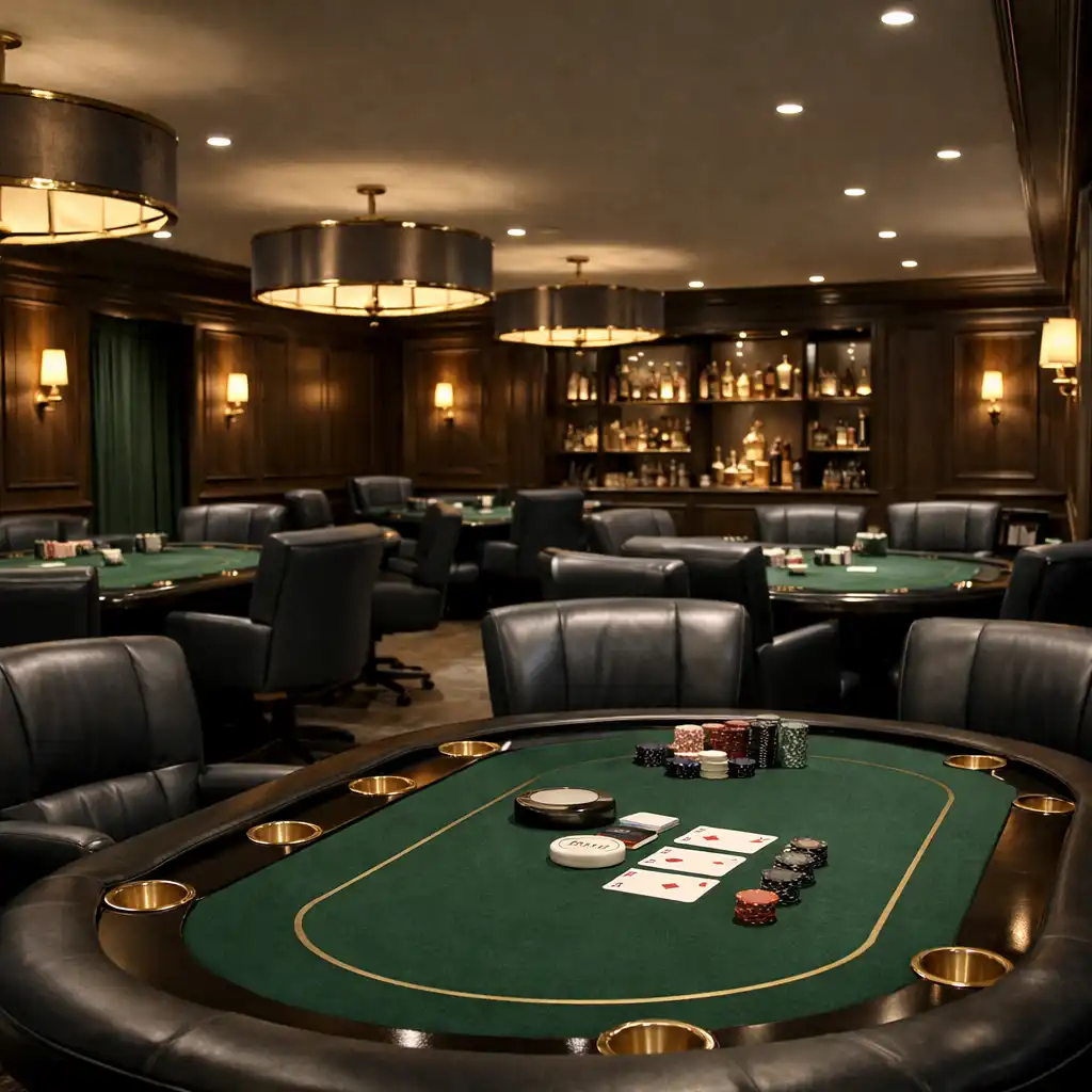 Salle de poker physique avec table ovale, sièges et éclairage tamisé