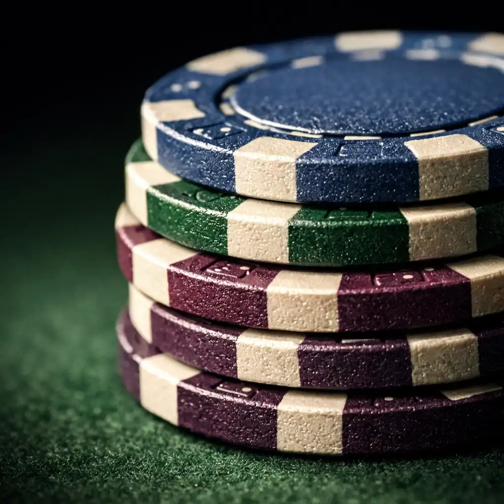 Gros plan sur une pile de jetons de poker en argile composite, avec des reflets de lumière sur leurs tranches.