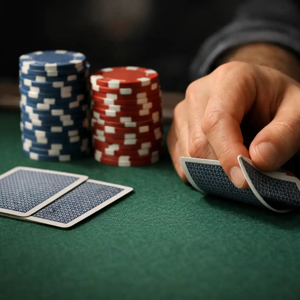 Gros plan sur une table de poker physique : feutre vert, cartes à jouer, jetons en argile, main d’un joueur.