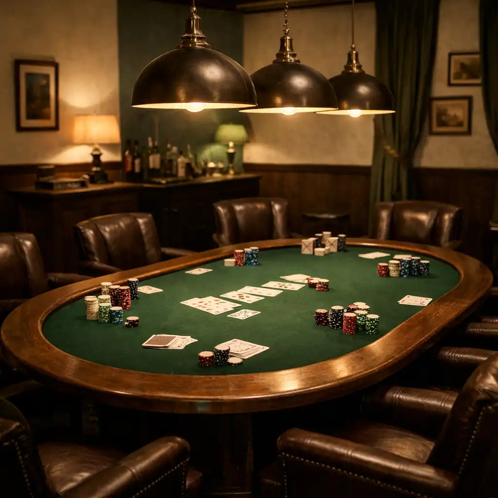 Vue d’ensemble de la Poker Room d’Atelier des Rives FR : table ovale en bois sombre, feutre vert profond, chaises en cuir, lumière tamisée.