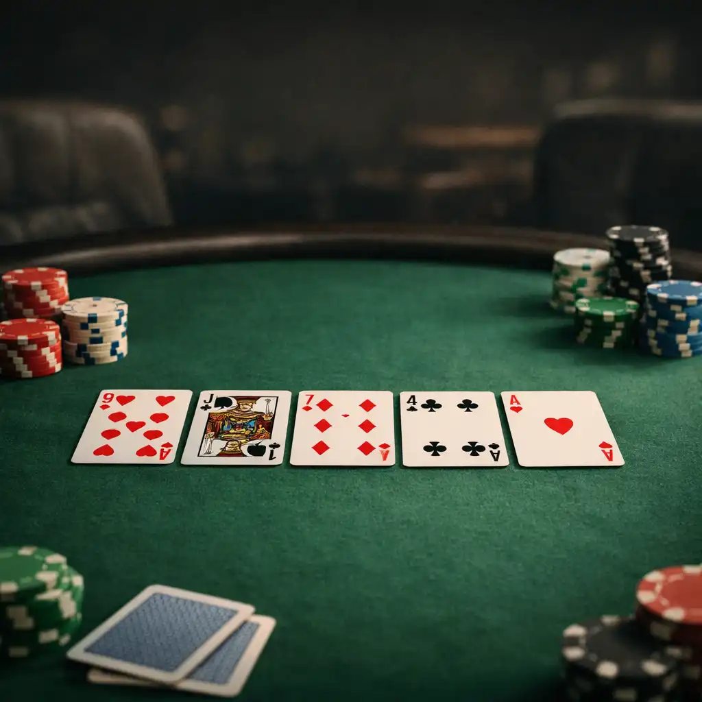 Table de poker physique avec cartes et jetons, éclairée par une lumière douce