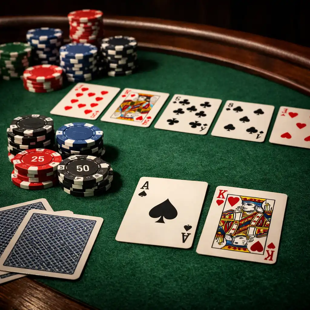 Table de poker physique avec cartes et jetons