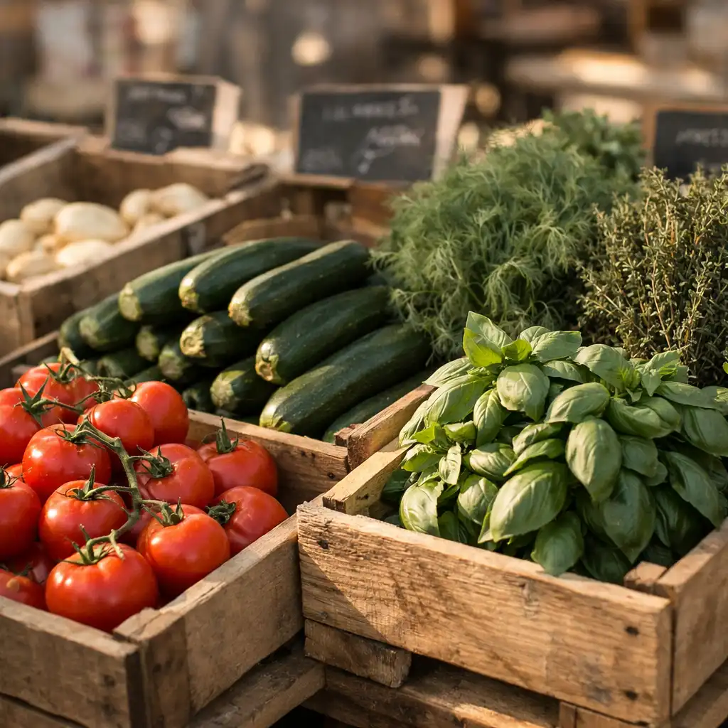 Produits frais de saison sur un étal de marché