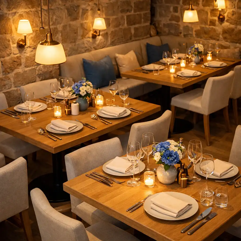 Salle de restaurant élégante avec tables en bois clair, chaises ivoire et luminaires en laiton