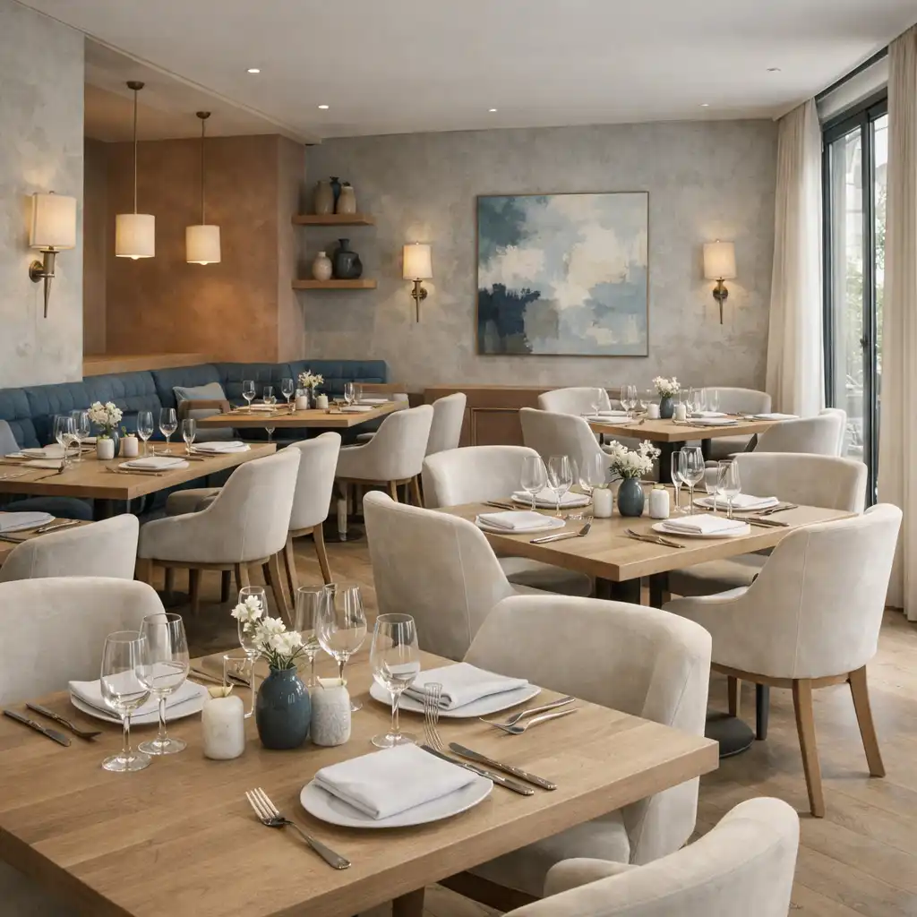 Salle de restaurant lumineuse avec tables en bois clair et chaises en velours ivoire