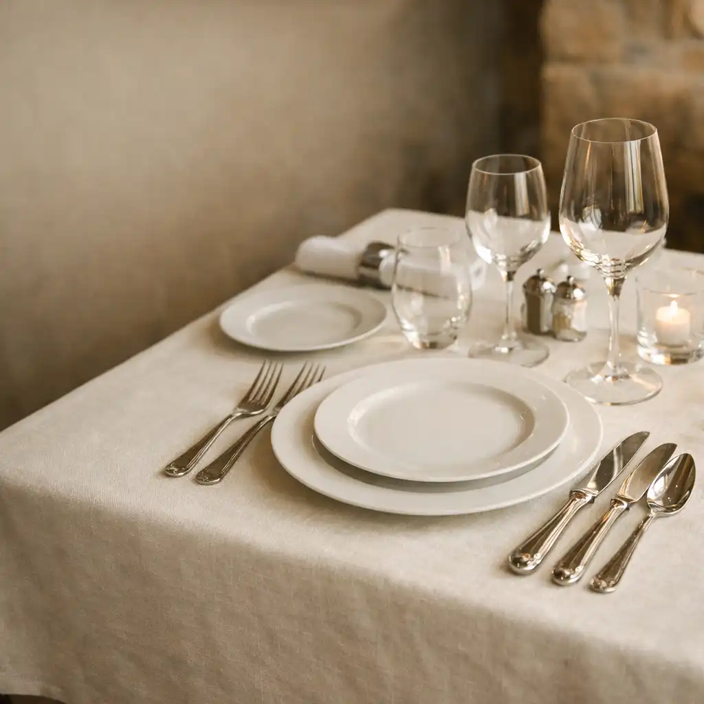 Table de restaurant dressée avec nappe en lin ivoire, assiettes en porcelaine, couverts en argent et verres en cristal, baignée de lumière naturelle