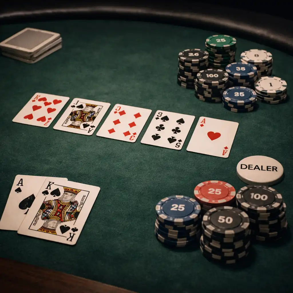 Table de poker physique avec tapis vert, cartes à jouer et jetons en céramique, ambiance feutrée